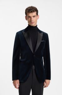 Slim-fit tuxedo jacket in cotton velvet, Dark Blue