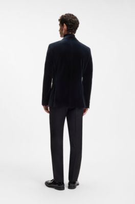Slim-fit tuxedo jacket in cotton velvet, Dark Blue