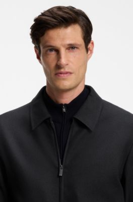 Slim-fit zip-up jacket in virgin wool flannel, Dark Blue