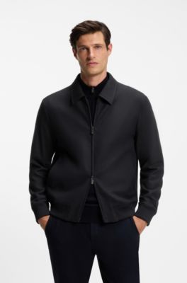 Slim-fit zip-up jacket in virgin wool flannel, Dark Blue