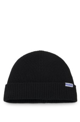 Ribbed virgin wool-blend beanie with logo label, Black