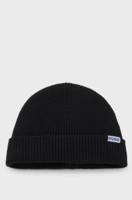 Ribbed virgin wool-blend beanie with logo label, Black