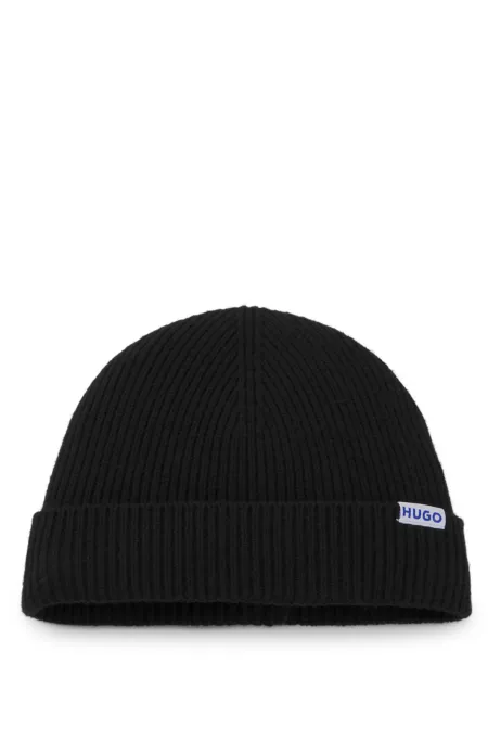 Ribbed virgin wool-blend beanie with logo label