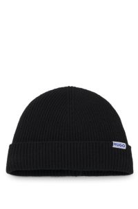Ribbed virgin wool-blend beanie with logo label, Black