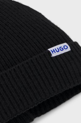 Ribbed virgin wool-blend beanie with logo label, Black