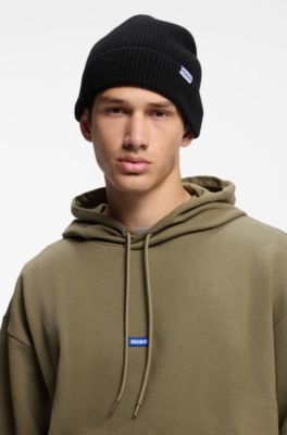 Ribbed virgin wool-blend beanie with logo label, Black
