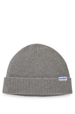 Ribbed virgin wool-blend beanie with logo label, Light Grey