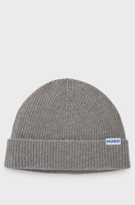 Ribbed virgin wool-blend beanie with logo label, Light Grey