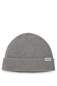 Ribbed virgin wool-blend beanie with logo label, Light Grey