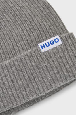 Ribbed virgin wool-blend beanie with logo label, Light Grey