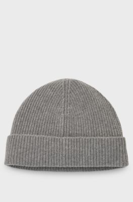 Ribbed virgin wool-blend beanie with logo label, Light Grey