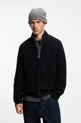 Ribbed virgin wool-blend beanie with logo label, Light Grey