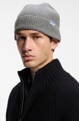 Ribbed virgin wool-blend beanie with logo label, Light Grey