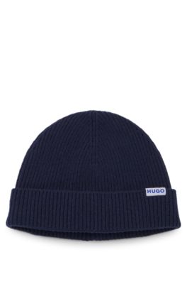 Ribbed virgin wool-blend beanie with logo label, Dark Blue