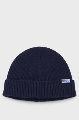 Ribbed virgin wool-blend beanie with logo label, Dark Blue