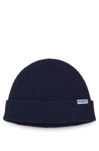 Ribbed virgin wool-blend beanie with logo label, Dark Blue