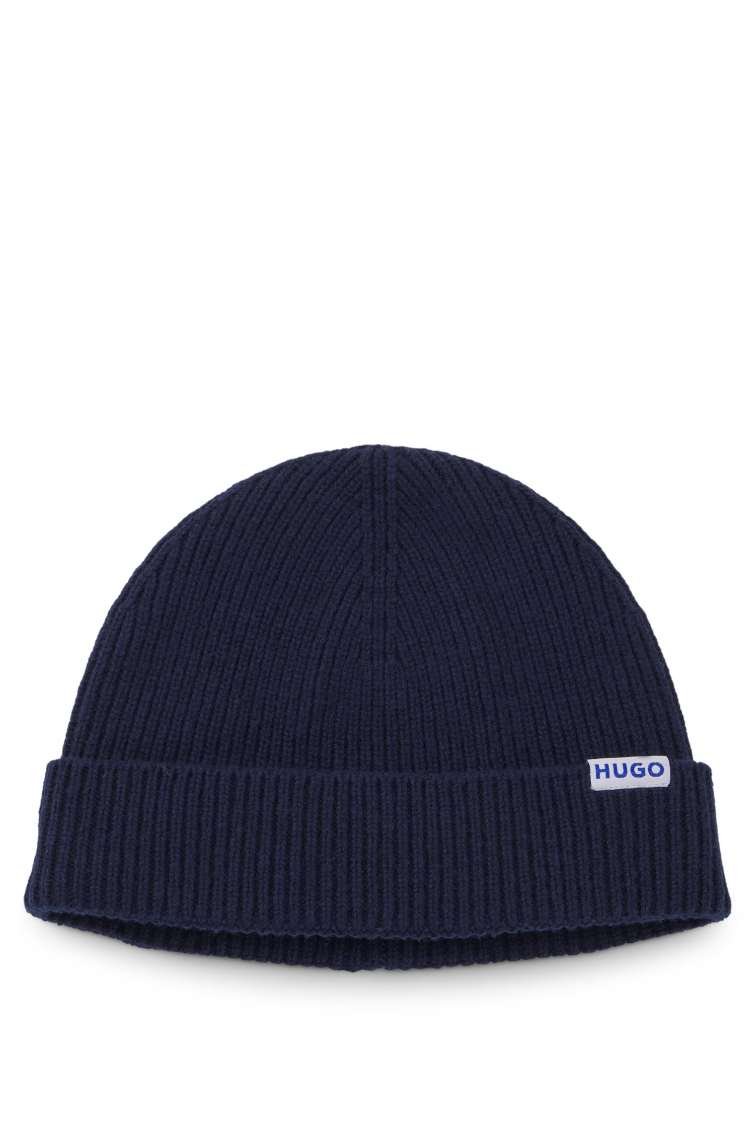 Hugo Ribbed virgin wool-blend beanie with logo label mössor herr