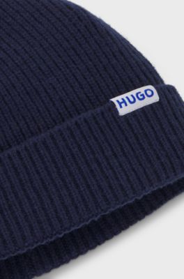 Ribbed virgin wool-blend beanie with logo label, Dark Blue