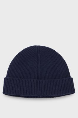 Ribbed virgin wool-blend beanie with logo label, Dark Blue