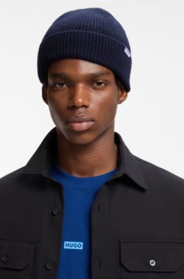 Ribbed virgin wool-blend beanie with logo label, Dark Blue