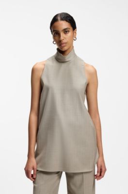 Sleeveless tailored blouse in virgin wool with stretch, Light Beige