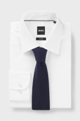 Jacquard-patterned tie in pure wool, Dark Blue