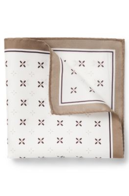 BOSS ONE Silk pocket square with printed pattern, Beige Patterned