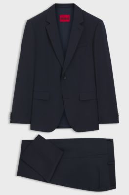 Costume deux pi&egrave;ces Slim en laine m&eacute;lang&eacute;e, Bleu fonc&eacute;