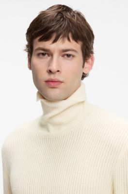 Textured rollneck sweater in virgin wool and cashmere, Natural