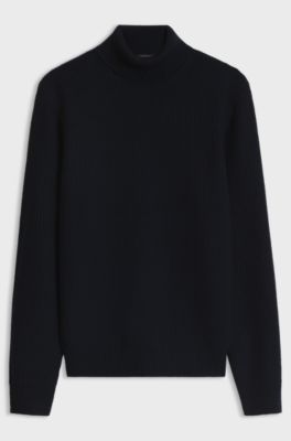 Textured rollneck sweater in virgin wool and cashmere, Dark Blue