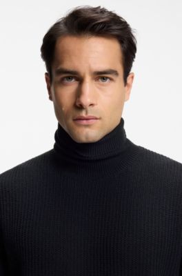Textured rollneck sweater in virgin wool and cashmere, Dark Blue