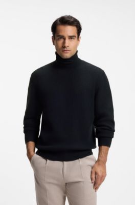 Textured rollneck sweater in virgin wool and cashmere, Dark Blue