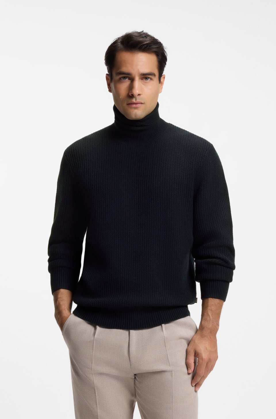 Textured rollneck sweater in virgin wool and cashmere
