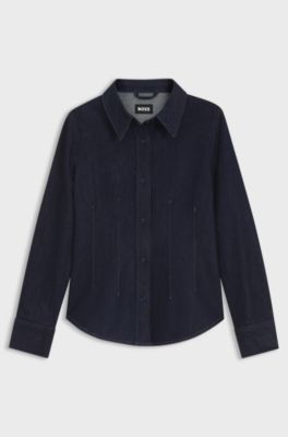 Slim-fit denim shirt with stitched detailing, Dark Blue
