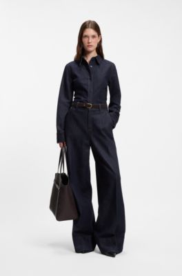 Slim-fit denim shirt with stitched detailing, Dark Blue