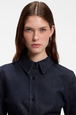 Slim-fit denim shirt with stitched detailing, Dark Blue