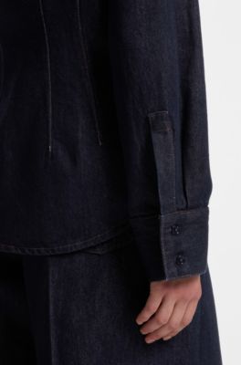 Slim-fit denim shirt with stitched detailing, Dark Blue
