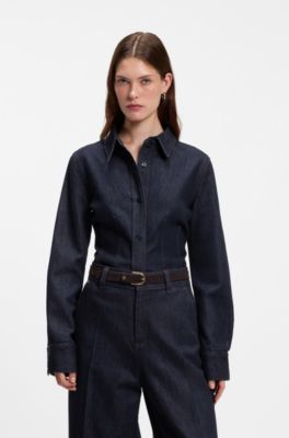 Slim-fit denim shirt with stitched detailing, Dark Blue