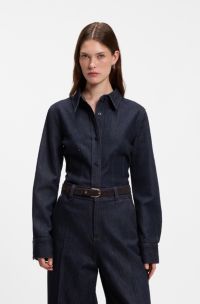 Slim-fit denim shirt with stitched detailing, Dark Blue