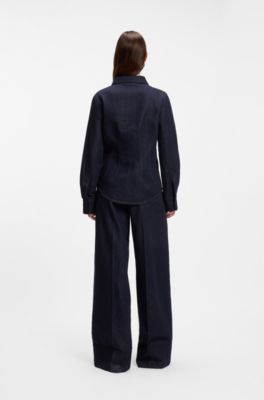 Slim-fit denim shirt with stitched detailing, Dark Blue