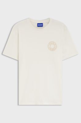 Regular-fit T-shirt in cotton with jeans-button print, Natural