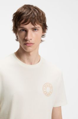 Regular-fit T-shirt in cotton with jeans-button print, Natural