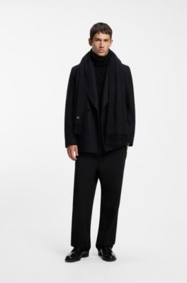 Fringed scarf in a wool blend with stacked logo, Black