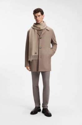 Double-faced scarf in wool with logo label, Light Brown