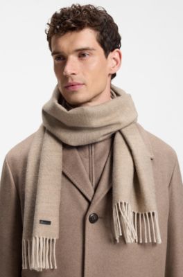 Double-faced scarf in wool with logo label, Light Brown