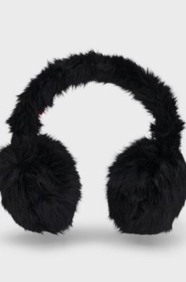Faux-fur earwarmers with metallic logo detail, Black