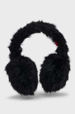 Faux-fur earwarmers with metallic logo detail, Black