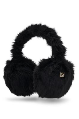 Faux-fur earwarmers with metallic logo detail, Black
