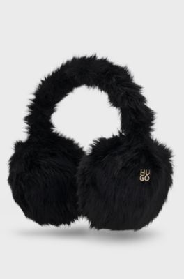 Faux-fur earwarmers with metallic logo detail, Black