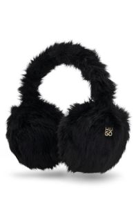 Faux-fur earwarmers with metallic logo detail, Black